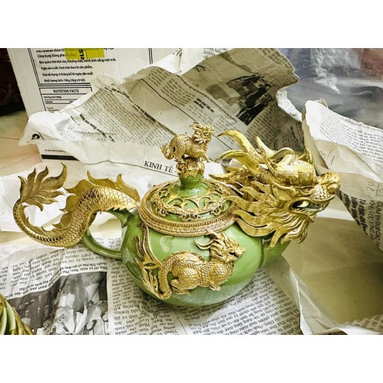 Bộ ấm chén cao cấp bọc đồng hình lân xanh ngọc AC23B