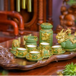 Bộ ấm chén cao cấp bọc đồng hình lân xanh ngọc AC23B