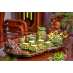 Bộ ấm chén cao cấp bọc đồng hình lân xanh ngọc AC23B