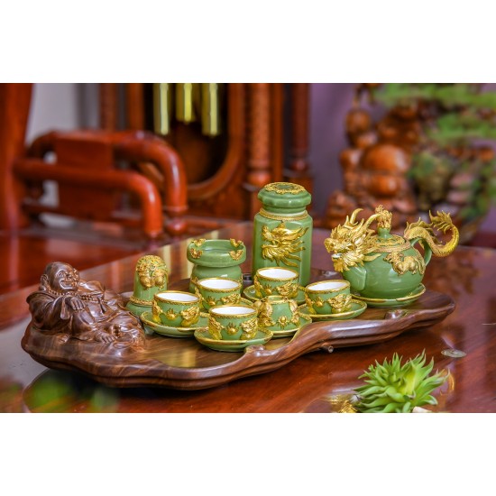 Bộ ấm chén cao cấp bọc đồng hình lân xanh ngọc AC23B
