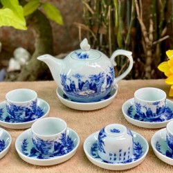 Ấm chén Bát Tràng giá rẻ Trúc Lâm Thất Hiền men lam AC33B