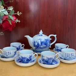 Ấm chén Bát Tràng giá rẻ Trúc Lâm Thất Hiền men lam kẻ chỉ  vàng AC33B-KC