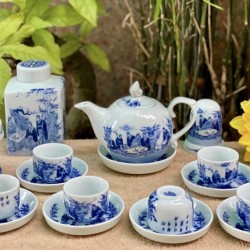 Ấm chén Bát Tràng giá rẻ Trúc Lâm Thất Hiền men lam AC33B