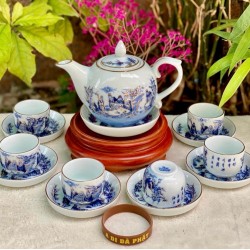 Ấm chén Bát Tràng vẽ vàng Trúc Lâm Thất Hiền men lam AC33B-VV