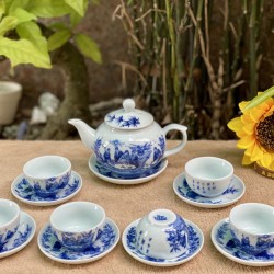 Ấm chén Bát Tràng giá rẻ Trúc Lâm Thất Hiền men lam AC33D