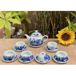 Ấm chén Bát Tràng giá rẻ Trúc Lâm Thất Hiền men lam AC33D Ấm chén Bát Tràng giá rẻ Trúc Lâm Thất Hiền men lam AC33D