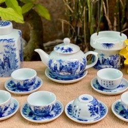 Ấm chén Bát Tràng giá rẻ Trúc Lâm Thất Hiền men lam AC33D