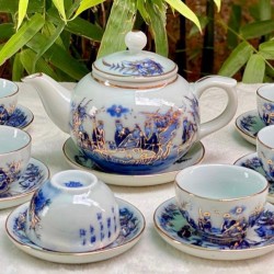 Ấm chén Bát Tràng vẽ vàng Trúc Lâm Thất Hiền men lam AC33D-VV