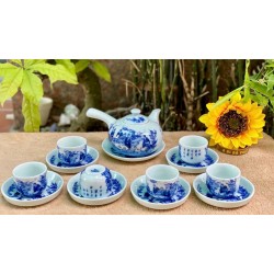 Ấm chén Bát Tràng Trúc Lâm Thất Hiền men lam AC33E