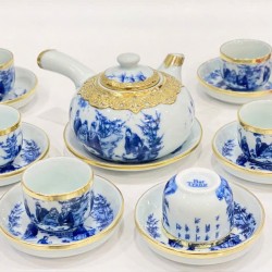 Bộ ấm chén bọc đồng Bát Tràng Trúc Lâm Thất Hiền men lam AC33E-BD