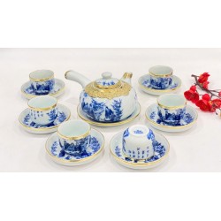 Bộ ấm chén bọc đồng Bát Tràng Trúc Lâm Thất Hiền men lam AC33E-BD