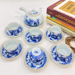 Ấm chén Bát Tràng Trúc Lâm Thất Hiền men lam kẻ chỉ vàng ấm quai ngang AC33E-KC