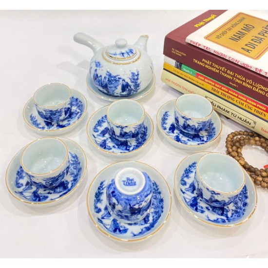 Ấm chén Bát Tràng Trúc Lâm Thất Hiền men lam kẻ chỉ vàng ấm quai ngang AC33E-KC