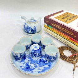 Ấm chén Bát Tràng Trúc Lâm Thất Hiền men lam kẻ chỉ vàng ấm quai ngang AC33E-KC