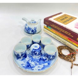 Ấm chén Bát Tràng Trúc Lâm Thất Hiền men lam kẻ chỉ vàng ấm quai ngang AC33E-KC