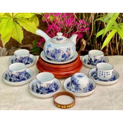 Ấm chén Bát Tràng vẽ vàng Trúc Lâm Thất Hiền men lam AC33E-VV
