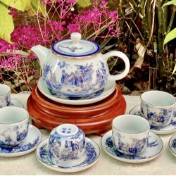 Ấm chén Bát Tràng vẽ vàng Trúc Lâm Thất Hiền men lam AC33F-VV