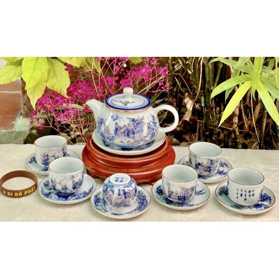 Ấm chén Bát Tràng vẽ vàng Trúc Lâm Thất Hiền men lam AC33F-VV
