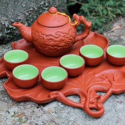 Ấm chén gốm tử sa Bát Tràng họa tiết nổi hoa châm khay lá sen AC34A