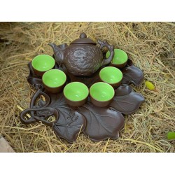 Ấm chén gốm tử sa Bát Tràng họa tiết nổi hoa châm khay lá sen AC34B Ấm chén gốm tử sa Bát Tràng họa tiết nổi hoa châm khay lá sen AC34B