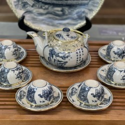 Bộ ấm chén Bát Tràng bọc đồng bổ khung vẽ cảnh sơn thủy AC36C Bộ ấm chén Bát Tràng bọc đồng bổ khung vẽ cảnh sơn thủy AC36C