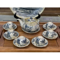 Bộ ấm chén Bát Tràng bọc đồng bổ khung vẽ cảnh sơn thủy AC36C Bộ ấm chén Bát Tràng bọc đồng bổ khung vẽ cảnh sơn thủy AC36C