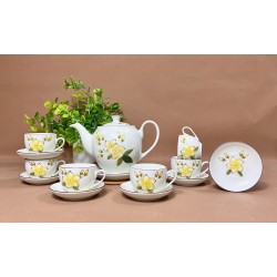 Ấm chén Bát Tràng men kem vẽ tay hoa Đại AC40C