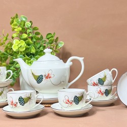 Ấm chén Bát Tràng men kem vẽ tay Sen Chuồn AC40D