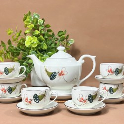Ấm chén Bát Tràng men kem vẽ tay Sen Chuồn AC40D