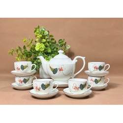 Ấm chén Bát Tràng men kem vẽ tay Sen Chuồn AC40D