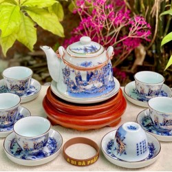 Ấm chén Bát Tràng Trúc Lâm Thất Hiền men lam vẽ vàng AC48A-VV