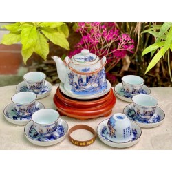 Ấm chén Bát Tràng Trúc Lâm Thất Hiền men lam vẽ vàng AC48A-VV