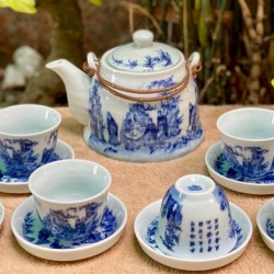 Ấm chén Bát Tràng Trúc Lâm Thất Hiền men lam AC48A