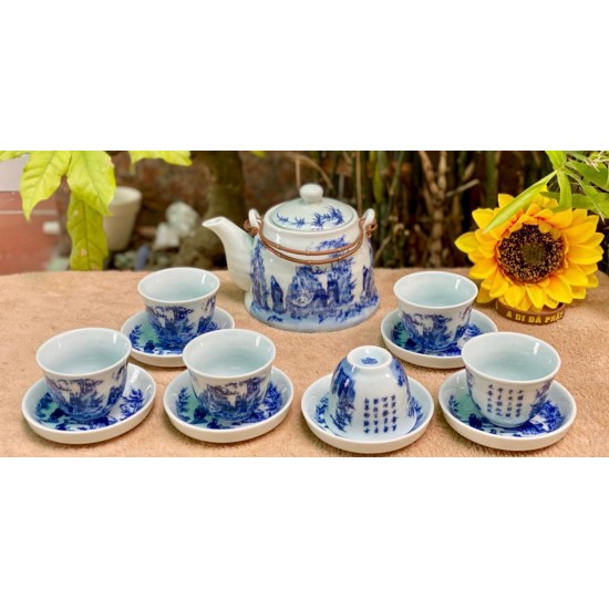 Ấm chén Bát Tràng Trúc Lâm Thất Hiền men lam AC48A