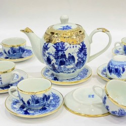 Bộ ấm chén bọc đồng Bát Tràng Trúc Lâm Thất Hiền men lam AC49A Bộ ấm chén bọc đồng Bát Tràng Trúc Lâm Thất Hiền men lam AC49A