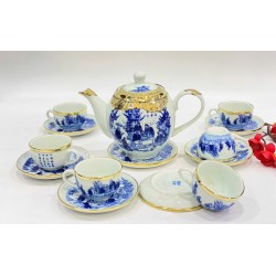 Bộ ấm chén bọc đồng Bát Tràng Trúc Lâm Thất Hiền men lam AC49A Bộ ấm chén bọc đồng Bát Tràng Trúc Lâm Thất Hiền men lam AC49A