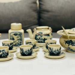 Bộ ấm chén giả cổ Bát Tràng họa tiết sơn thủy AC54A