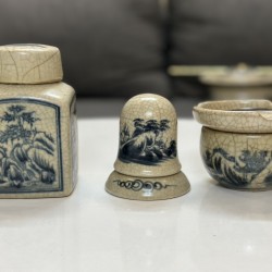 Bộ ấm chén giả cổ Bát Tràng họa tiết sơn thủy AC54A