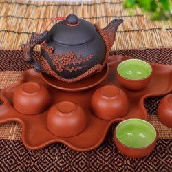 Ấm chén gốm tử sa Bát Tràng đắp nổi hoa đào khay lá AC57B