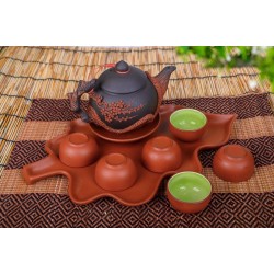 Ấm chén gốm tử sa Bát Tràng đắp nổi hoa đào khay lá AC57B