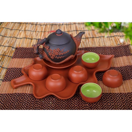 Ấm chén gốm tử sa Bát Tràng đắp nổi hoa đào khay lá AC57B