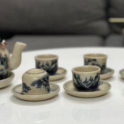 Ấm chén men rạn Bát Tràng vẽ sơn thủy AC60A Ấm chén men rạn Bát Tràng vẽ sơn thủy AC60A