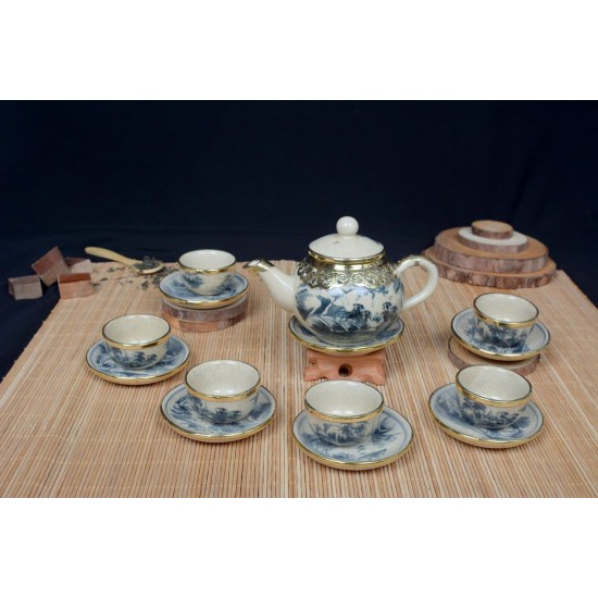 Ấm chén Bát Tràng men rạn giả cổ bọc đồng AC60D