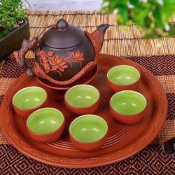 Ấm trà tử sa Bát Tràng đắp nổi hoa sen khay tròn AC61A