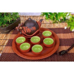 Ấm trà tử sa Bát Tràng đắp nổi hoa sen khay tròn AC61A