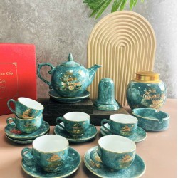 Ấm chén Bát Tràng vẽ vàng men vân đá xanh AC69