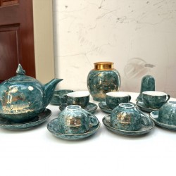 Ấm chén Bát Tràng vẽ vàng men vân đá xanh AC69