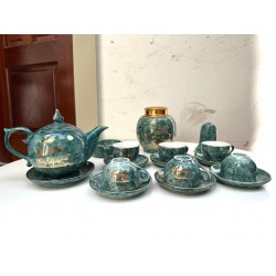 Ấm chén Bát Tràng vẽ vàng men vân đá xanh AC69