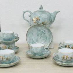 Ấm chén Bát Tràng vẽ sen vàng men vân đá xanh nhạt AC69A