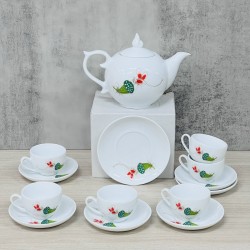 Bộ ấm chén Bát Tràng men trắng sen chuồn dáng vung lửa AC73A